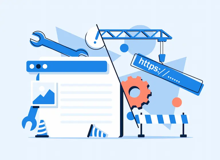Illustration d'un site web en construction, avec des icônes d'outils, une grue portant une URL, des panneaux de signalisation, un engrenage et une interface de navigateur partiellement construite.